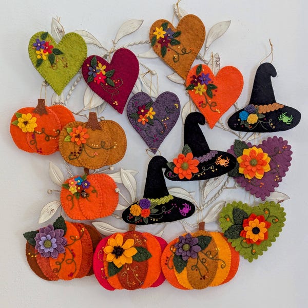 Handcrafted Wool Felt Autumn Ornaments: Pumpkins, Witch Hats