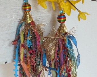 Fiber Tassel Earrings, Mixed Bright Color Earrings, Shabby Chic, Bohemian Inspired