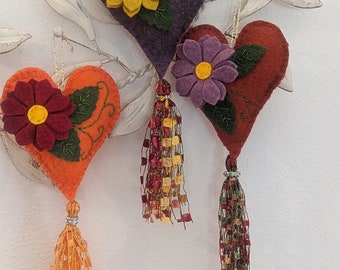 Heart Ornaments with Tassels, Wool Felt Ornaments