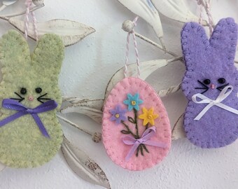 Bunny and Easter Egg Trio, Wool Felt Ornaments, Bunny Rabbits and Easter Eggs