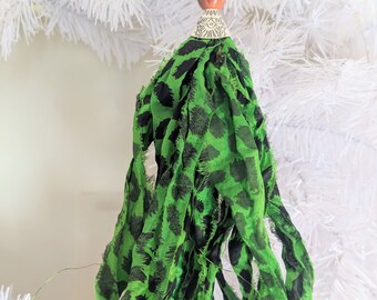 Sari Silk Tassel, Green with Black Animal Print Tassel