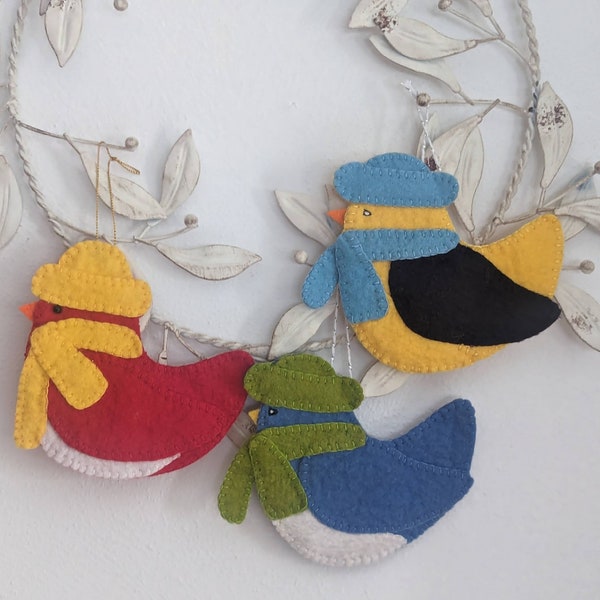 Cozy Bird Ornaments, Wool Felt Birds