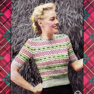 PDF 8 x vintage Fair Isle-mönster, stickade plagg för kvinnor och barn från 1950-talet, direktnedladdning, kofta, jacka, toppar, tröja, skotskt 35 sidor
