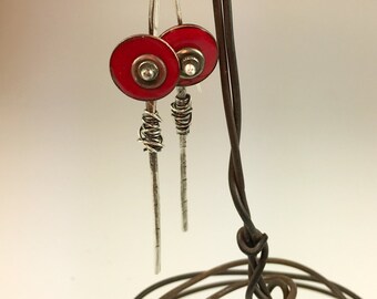 Red Enamel and Sterling Silver long dangle earrings