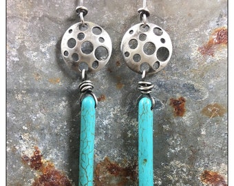 Long Turquoise Spikes with Sterling Silver Disk Earrings