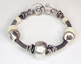 One Piece Bangle Sterling Silver with Karen Hill Tribe Silver Beads and Ostrich Egg Shells Mother Gift