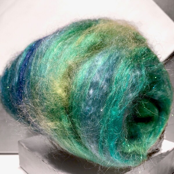 Fiber art batt, wool batt, roving, felting spinning batt, "Singing in the Shower", yellow green, light blue, turquoise, sky blue, ice blue