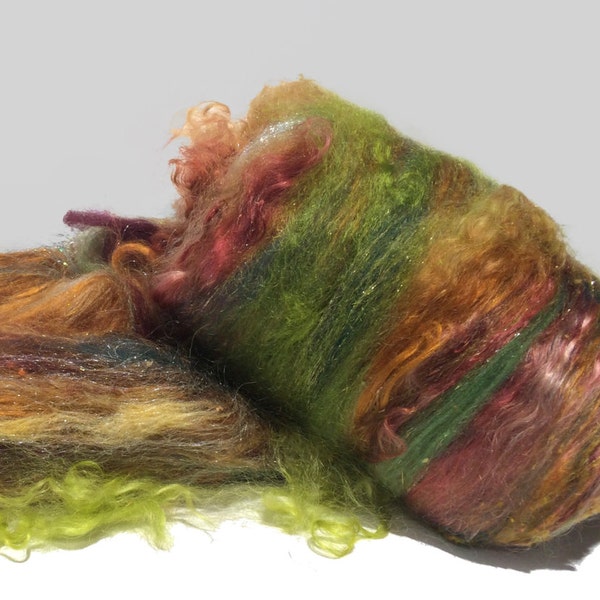 fiber art batt, felting wool,spinning fiber roving, mint topaz cranberry wine yellow green green olive "Artemisia"