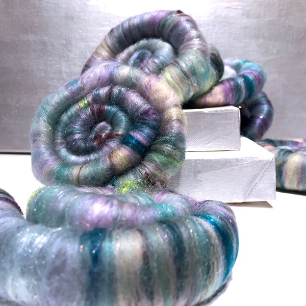 Teal Lavender rolags, spinning fiber, felting wool "Tasty Teal" DIY Gift, Turquoise Mint Green Sage Pink Lavender Wine Vanilla Beige silver