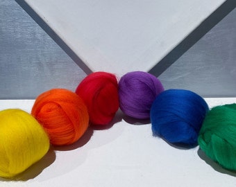 Merino Felting wool roving kit "Over the Rainbow" 3&6 oz options, Primary, Tertiary Colors: Red Yellow Blue Green Orange Purple