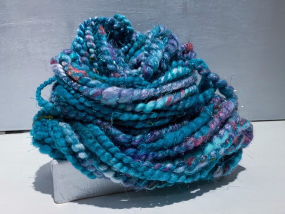 silver coral pink grey lavender aqua Teal Corespun Art yarn “Galaxy Jasper” 4.5oz 36 yards: blue violet