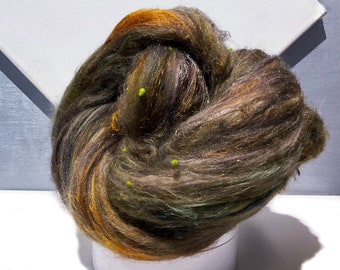 Grey, green Fiber Art Batt "Sedimentary, My Dear” 3 & 3.25 oz, RTS, spinning fiber, felting wool: Olive, chartreuse, gold,  graphite, topaz