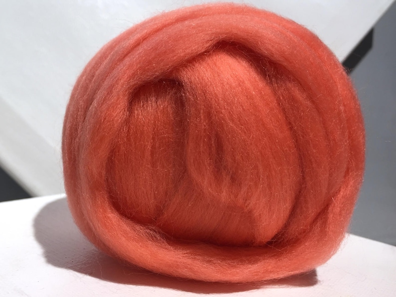 Coral Merino Wool Roving, Needle Felting, Spinning Fiber, Merino wool, felting wool, pink orange wool, coral roving, salmon merino image 1