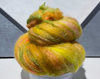 Fiber art batt "Psychedelic Fur" 3 oz, RTS, spinning fiber, felting wool: yellow, chartreuse, pink, apricot, apple green