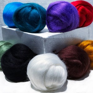 Bamboo roving, Nine Color Assortment, Felting, Spinning, vegan fiber silk alternative: teal, red, blue, brown, sage, topaz, black, white