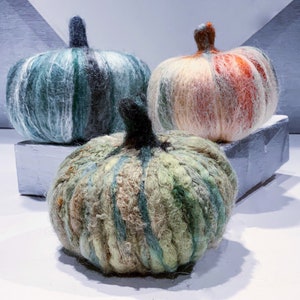 Felted Pumpkins, RTS Set of 3, Fall decor, Thanksgiving Centerpiece, table setting, green squash, Hubbard, mini squash, ooak set