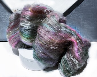 Pink, Green, Gold art batt “Primrose” 2.25 oz, RTS felting wool, spinning fiber, weaving wool in Pink tan white sage olive green champagne