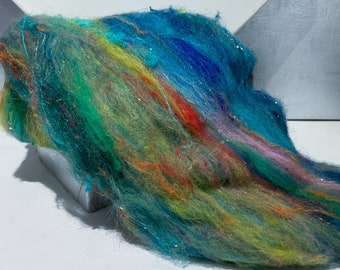 fiber art batt, felting wool spinning fiber "Under the Sea"  2.25 oz: Yellow coral salmon orange lemon turquoise green blue