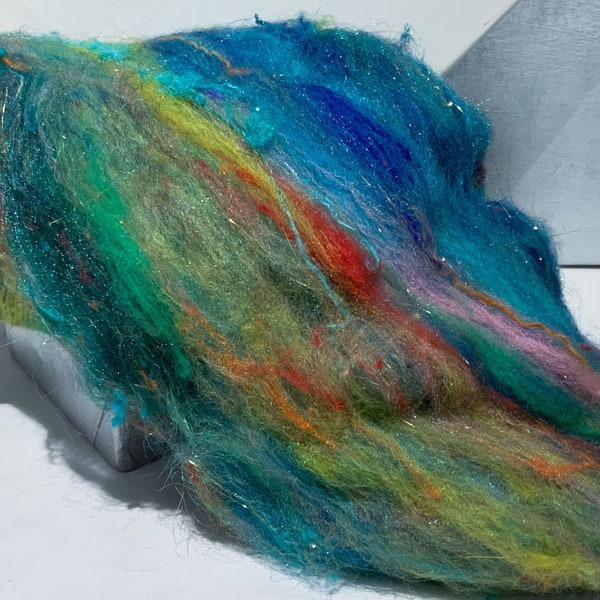 fiber art batt, felting wool spinning fiber "Under the Sea"  2.25 oz: Yellow coral salmon orange lemon turquoise green blue