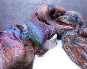 Silky, Textured Art Batt “Sea Sediment Jasper” 2.25, 3 & 4oz., Spinning Fiber, Felting wool, blue, beige, violet, ecru, tan, rust, orchid
