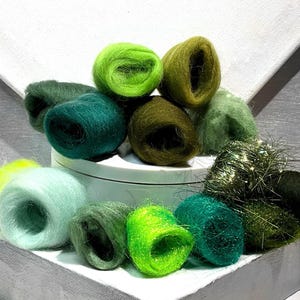 Zestaw Green Fiber Art Sampler: wełna filcowa, przędzalnia, włókna do wiązania much (1 uncja)