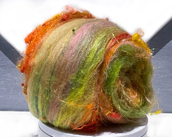 Fiber art batt "Sunshine and Citrus" 1.25 oz, RTS, spinning fiber, felting wool: green, yellow, chartreuse, orange, gold, apricot, orange