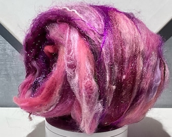 Bright Pink Fiber art batt "Cosmos Cacophony” RTS, 1 & 4 oz options, felting wool, spinning fiber, pink, violet, purple, fuchsia