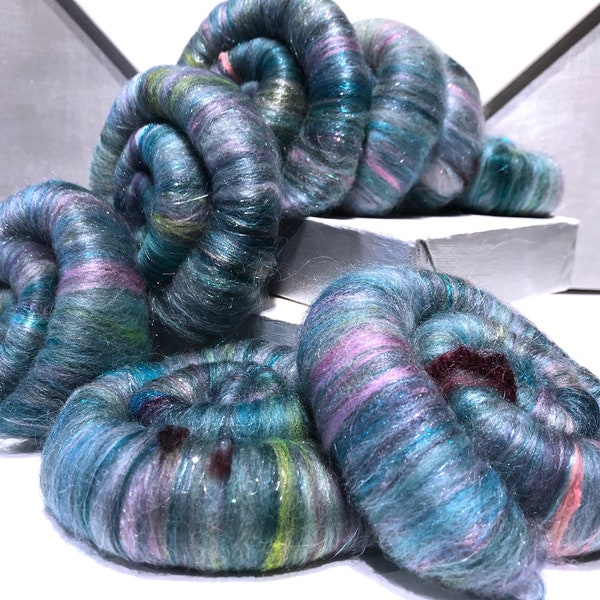 Teal rolags, spinning fiber, felting wool "Watermelon Tourmaline" DIY Gift, turquoise Teal Green sage pink lavender wine chartreuse salmon