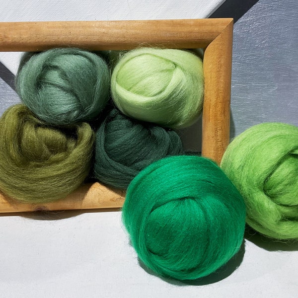 Merino roving sampler "Eat Your Greens" Spin, Weave, Felting wool kit, .5-1oz increment options: Pine, Celery, Ivy, Olive, Clover & Kiwi