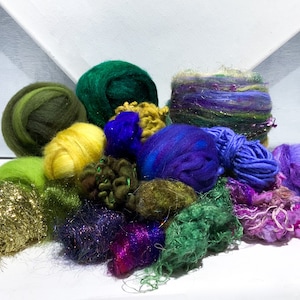 Deluxe Fiber Surprise /Challenge Kit, 4 oz., texture, raw silk, roving, yarn remnants, trims for felting, spinning, weaving