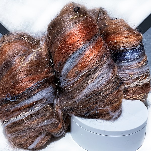 Copper, Tan, Grey Art Batt "Copper Vein" 3 oz, RTS, felting, weaving wool, spinning fiber in Cooper, Pink, tan, slate blue, brown