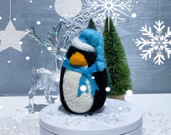 Felted Penguin tree ornament “Winter Penguin” Christmas Holiday Decor in ice blue, black white