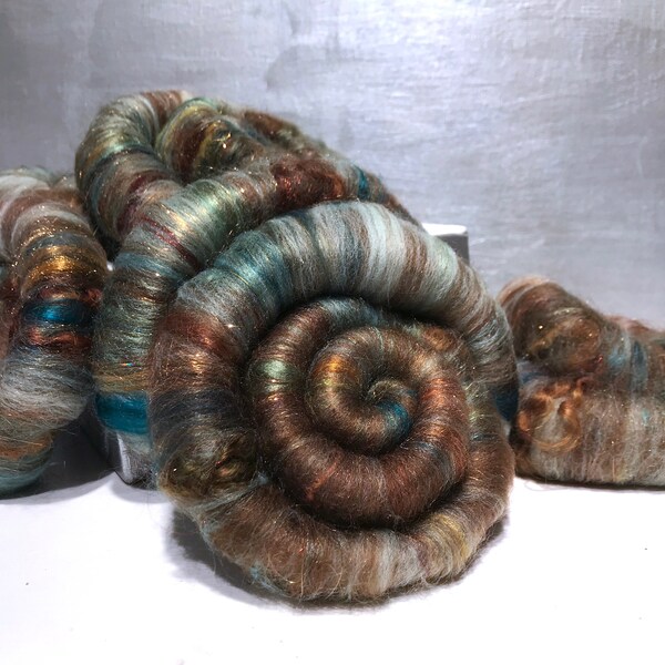 Copper rolags, spinning fiber, felting wool "Teal Patina" DIY Gift, Turquoise, Aqua, brown, mint green, copper, Sienna, Rust