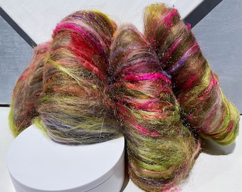 Fiber Art batt “Rock Garden Fuchsias” .25 & 3 .oz, felting wool, spinning fiber: Light Brown, Olive, Topaz, Gold, red, chartreuse pink, gold