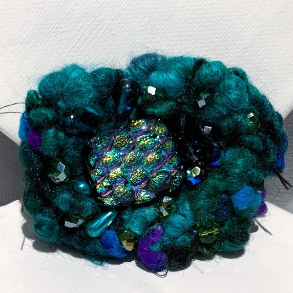 Felted, Beaded Bauble: brooch, barrette option, teal, black, purple, lavender handspun yarn w/ dichroic glass, acrylic, crystal beads