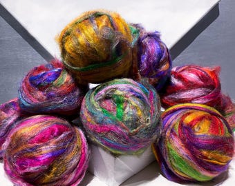 Meerkleurige Sari Silk Roving: kunst van gerecyclede vezels, verrassingskleuren, 1 oz