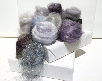 Silver Fiber Art kit Sampler, wool Angelina firestar, Felting Spinning, blending board fiber, Silver palette,Silver roving, Saori Weaving