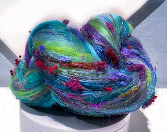 Textured Fiber Art Batt “Astral Projection” 1oz, RTS, felting wool, spinning fiber in purple, teal, aqua, chartreuse, red accents