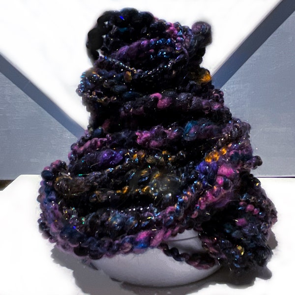 Beaded, Corespun Art Yarn "Midnight Rainbow" 4.7 oz., 42 yards, RTS,  jewel tone rainbow w/ black base, super bulky-chunky