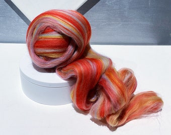 Multicolor Merino Roving “Sunset” Felting wool, Spinning Fiber in red-orange, light blue, beige and yellow gold