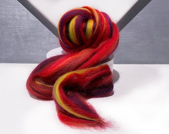 Fiery Multicolor Merino Roving “Mohave” Felting wool, Spinning Fiber in red, blue and yellow gold