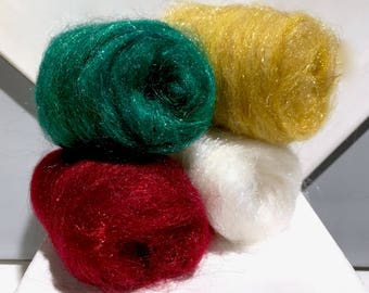 Holiday Felting Batt Sampler: Christmas Needle Felting kit, Green Red White Gold snow snowflake, Christmas Wool Kit Holiday Colors, DIY gift