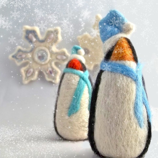 Needle Felting Kit, Winter Penguin, DIY gift, Craft Kit, wool ornament, White, blue, holiday decor, felt tree ornament, beginner how to felt