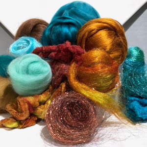 Teal copper art batt KIT, Spinning KIT, fiber "Verdigris" Nuno Needle felting wool, Teal turquoise sienna brown topaz DIY gift, blending kit