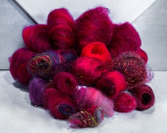 Red Fiber kit, red Sampler, roving wool, firestar, glitz, Felting wool, Spinning, mini batt option, Dark red, medium, light red 1 oz