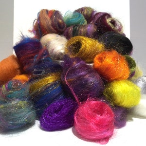 Needle Felting Fiber, roving, Fiber Fun Pack, Wool Craft Kit, 2 oz, Deluxe remnant grab bag, multi-color mini batts, mini roving