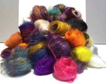 Needle Felting Fiber, roving, Fiber Fun Pack, Wool Craft Kit, 2 oz, Deluxe remnant grab bag, multi-color mini batts, mini roving