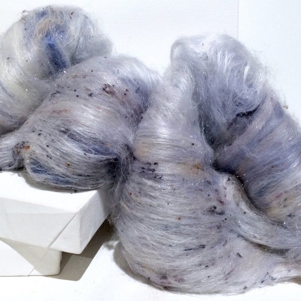 Silver Blue Art Batt  "Peace of Mind" Silver grey slate light blue sand tan white; needle, nuno, felting wool, hand spinning fiber
