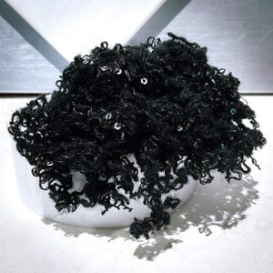 Sequined Faux Locks “Black Sequined Dress” .25oz., Use like fleece locks, recycled textiles, Adds texture, shine to fiber art