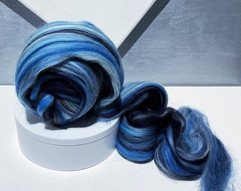 Multicolor Merino Roving “High Seas” Felting wool, Spinning Fiber in Sky Blue, Grey, Black, Navy